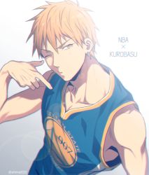 Rule 34 | 1boy, bare shoulders, basketball uniform, blonde hair, blurry, clothes writing, collarbone, commentary request, copyright name, depth of field, earrings, golden state warriors, grey background, hair between eyes, jewelry, kise ryouta, kuroko no basuke, lens flare, looking at viewer, male focus, mashima shima, national basketball association, one eye closed, parted lips, short hair, simple background, solo, sportswear, twitter username, upper body, yellow eyes