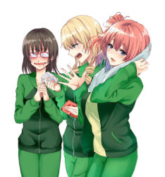 Rule 34 | 3girls, absurdres, blonde hair, blood, blue eyes, brown hair, drill hair, ebina hina, gift, glasses, green jacket, green pants, green shirt, hair bun, handkerchief, highres, holding, holding gift, holding handkerchief, jacket, light (lightpicture33), long hair, looking at another, looking at viewer, medium hair, miura yumiko, multiple girls, nosebleed, open mouth, orange hair, own hands together, pants, profile, red-framed eyewear, shirt, simple background, single hair bun, single side bun, standing, towel, towel around neck, track suit, twin drills, waving, wavy mouth, white background, wiping, yahari ore no seishun lovecome wa machigatteiru., yuigahama yui