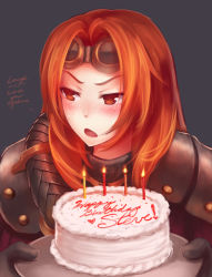 Rule 34 | 1girl, birthday cake, blush, cake, chandra nalaar, english text, food, freckles, goggles, goggles on head, happy birthday, highres, long hair, looking away, magic: the gathering, parted bangs, red eyes, red hair, ricegnat, simple background, solo, sweatdrop, tsundere