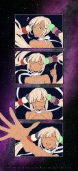 Rule 34 | 1girl, 4koma, puff of air, bare shoulders, blonde hair, breasts, choker, cleavage, closed eyes, comic, commentary, dark-skinned female, dark skin, english commentary, fingersmile, frown, hair ornament, highres, hololive, hololive english, index finger raised, large breasts, medium breasts, morse code, open mouth, planet hair ornament, sidelocks, silent comic, smile, solo, space, taka t, tsukumo sana, tsukumo sana (1st costume), twintails, v-shaped eyebrows, virtual youtuber, white choker, yellow eyes