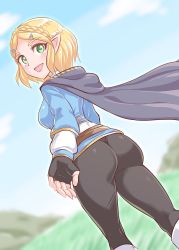 Rule 34 | 1girl, ass, blonde hair, breasts, cape, check commentary, commentary request, cougar (cougar1404), day, from behind, gloves, green eyes, hair ornament, hairclip, hood, huge ass, leggings, looking at viewer, nintendo, open mouth, outdoors, pointy ears, princess zelda, short hair, sidelocks, sky, smile, solo, standing, the legend of zelda, the legend of zelda: breath of the wild, the legend of zelda: tears of the kingdom