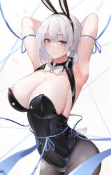 Rule 34 | 1girl, animal ears, areola slip, armpits, arms behind head, arms up, azur lane, backless leotard, baige0, black leotard, bow, bowtie, braid, breasts, cleavage, collared leotard, covered navel, fake animal ears, fake tail, highleg, highleg leotard, highres, large breasts, leotard, looking at viewer, mole, mole under mouth, official alternate costume, pantyhose, playboy bunny, purple eyes, rabbit ears, rabbit tail, san jacinto (azur lane), san jacinto (flavor of the day) (azur lane), short hair, single braid, strapless, strapless leotard, string, tail, traditional bowtie, undersized breast cup, white hair