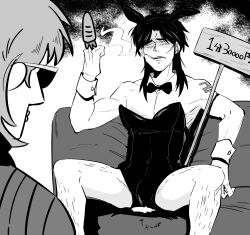 Rule 34 | 2boys, absurdres, animal ears, arm tattoo, bow, bowtie, carrot, cigarette, closed mouth, commentary request, couch, crossdressing, detached collar, facial scar, fake animal ears, greyscale, highres, hyoudou kazuya, inudori, itou kaiji, kaiji, leotard, long hair, male focus, male playboy bunny, middle finger, monochrome, multiple boys, number tattoo, open mouth, parted bangs, rabbit ears, scar, scar on cheek, scar on face, sign, sitting, smoking, strapless, strapless leotard, sunglasses, tattoo