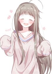 Rule 34 | 1girl, :d, ^ ^, ahoge, bad id, bad pixiv id, blush, brown hair, closed eyes, collarbone, hands up, head tilt, long hair, long sleeves, open mouth, original, oversized clothes, oversized shirt, paraffin, pink shirt, round teeth, shirt, simple background, sleeves past fingers, sleeves past wrists, smile, solo, teeth, translation request, upper body, upper teeth only, very long hair, white background