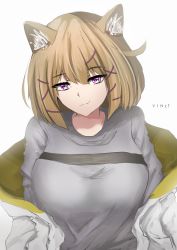 Rule 34 | 1girl, absurdres, animal ear fluff, animal ears, arknights, artist name, breasts, brown hair, commentary, grey jacket, grey shirt, highres, jacket, large breasts, off shoulder, open clothes, open jacket, purple eyes, shirt, short hair, simple background, solo, upper body, utage (arknights), vinzt, white background