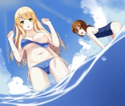 Rule 34 | 10s, 2girls, :o, all-a, atago (kancolle), beach, bent over, bikini, blonde hair, blue bikini, blue sky, breast slip, brown hair, cameltoe, casual one-piece swimsuit, chestnut mouth, cloud, day, fubuki (kancolle), green eyes, highres, kantai collection, multiple girls, nipples, one-piece swimsuit, one breast out, outdoors, self-upload, sky, splashing, standing, swimsuit, wading, wardrobe malfunction, water, water drop, wavy mouth