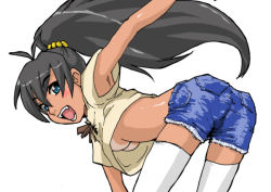 Rule 34 | 00s, 1girl, armpits, artist request, ass, bent over, black hair, blue eyes, blush, breasts, fangs, ganaha hibiki, idolmaster, idolmaster (classic), long hair, looking at viewer, looking back, medium breasts, no bra, open mouth, ponytail, shorts, simple background, solo, tan, tanline, thighhighs, underboob, upshirt, white background