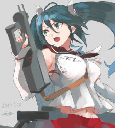 Rule 34 | 1girl, bad id, bad twitter id, brown sailor collar, commentary request, cowboy shot, dated, detached sleeves, green eyes, green hair, grey background, gun, highres, isuzu (kancolle), kantai collection, long hair, looking to the side, pleated skirt, red skirt, sailor collar, school uniform, serafuku, signature, simple background, skirt, solo, sunday aki, twintails, weapon