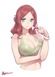 Rule 34 | 10s, 1girl, absurdres, bare shoulders, bracelet, breasts, collarbone, commentary, cropped torso, darling in the franxx, dated, gorgeous mushroom, green eyes, twirling hair, highres, jewelry, large breasts, long hair, looking at viewer, nana (darling in the franxx), red hair, signature, simple background, smile, solo, upper body, white background