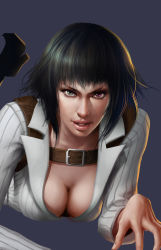 Rule 34 | 1girl, absurdres, black hair, breasts, capcom, cleavage, devil may cry (series), devil may cry 4, green eyes, heterochromia, highres, lady (devil may cry), large breasts, purple eyes, realistic, red eyes, renyu1012, short hair, solo