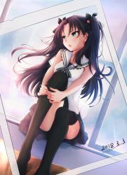 Rule 34 | 1girl, :o, absurdres, black hair, black skirt, black thighhighs, blue eyes, dated, fate/stay night, fate (series), hair ribbon, highres, jiang xin, long hair, looking to the side, photo (object), ribbon, sailor collar, sitting, skirt, solo, thighhighs, tohsaka rin, two side up, window, windowsill