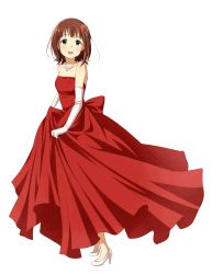 Rule 34 | 1girl, amami haruka, brown hair, dress, elbow gloves, flower, full body, gloves, green eyes, hair flower, hair ornament, high heels, highres, idolmaster, idolmaster (classic), jewelry, jpeg artifacts, koiwai ringo, necklace, open mouth, red dress, short hair, smile, solo, standing, strapless, strapless dress, white background, white gloves