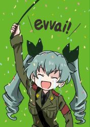 Rule 34 | 10s, 1girl, anchovy (girls und panzer), arm up, armband, bandolier, closed eyes, commentary request, crying, drill hair, epaulettes, girls und panzer, green background, green hair, hair ribbon, italian text, jacket, long hair, military, military uniform, necktie, open mouth, ribbon, riding crop, saiguchi otoufu, shirt, sketch, smile, solo, streaming tears, tears, twin drills, uniform