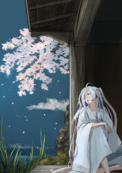 Rule 34 | 1girl, absurdly long hair, absurdres, ahoge, asashimo (kancolle), blue hair, character request, check character, cherry blossoms, cloud, colored inner hair, grey hair, highres, kantai collection, kuragare, long hair, microphone, multicolored hair, ocean, sky, studio microphone, very long hair