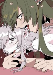 Rule 34 | 2girls, absurdres, arknights, ban syou, biting, blush, brown background, commentary request, biting ear, ear blush, fang, gavial (arknights), green hair, grey hair, hand on another&#039;s face, heart, heart-shaped pupils, highres, long hair, looking at another, lying, multiple girls, nude, on stomach, pointy ears, purple eyes, sharp teeth, sweat, symbol-shaped pupils, teeth, tomimi (arknights), tongue, tongue out, yellow eyes, yuri