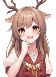 Rule 34 | 1girl, :d, animal ear fluff, animal ears, antlers, blush, brown dress, brown eyes, brown hair, brown ribbon, brown sailor collar, commentary request, copyright request, deer antlers, deer ears, deer girl, dress, flower, hair flower, hair ornament, hairclip, hand up, highres, horns, looking at viewer, neck ribbon, open mouth, pink flower, puffy short sleeves, puffy sleeves, ribbon, sailor collar, shirt, short sleeves, simple background, sleeveless, sleeveless dress, smile, solo, upper body, virtual youtuber, white background, white shirt, ym (distance819)