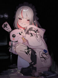 Rule 34 | 1girl, absurdres, black background, black footwear, black hairband, blush, cigarette, colored inner hair, frilled hairband, frills, grey hair, grin, hairband, hand up, heart, highres, holding, holding cigarette, holding stuffed toy, hood, hood down, hooded jacket, houwashiteiru, jacket, leg tattoo, looking at viewer, makaino ririmu, multicolored hair, nijisanji, open clothes, open jacket, pink hair, pink jacket, pointy ears, red eyes, short hair, smile, solo, squatting, stuffed animal, stuffed rabbit, stuffed toy, tattoo, two-tone hair, winged heart tattoo