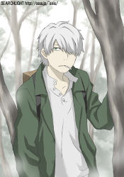 Rule 34 | 1boy, cigarette, forest, ginko, hair over one eye, jacket, lowres, male focus, midori (searchlight), mouth hold, mushishi, nature, solo, tree