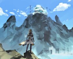Rule 34 | 1boy, absurdres, albedo (genshin impact), blonde hair, blue sky, boots, brown gloves, cloud, coat, from behind, genshin impact, gloves, hair bun, highres, knee boots, landscape, looking ahead, mountain, on rock, outdoors, scenery, sky, solo, standing, white coat, zuu (kyuudo9)