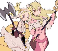Rule 34 | 2girls, apron, ascot, axe, blonde hair, blush, bow, brown eyes, brown gloves, capelet, center frills, closed mouth, commentary request, corset, do m kaeru, dress, drill hair, fingerless gloves, fire emblem, fire emblem awakening, fire emblem warriors, forehead, frills, gloves, grey eyes, hair between eyes, hair bow, headdress, holding, holding axe, holding staff, holding weapon, juliet sleeves, lissa (fire emblem), long hair, long sleeves, looking to the side, maribelle (fire emblem), multiple girls, nintendo, open mouth, pink capelet, pink dress, pink gloves, puffy sleeves, simple background, staff, twin drills, twintails, twitter username, underbust, waist apron, weapon, white apron, white ascot, white background, white bow, wide sleeves, yellow dress
