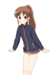 Rule 34 | 1girl, bare legs, female focus, jacket, long sleeves, naked jacket, saki (manga), solo, takakamo shizuno, track jacket, white background