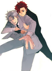 Rule 34 | 00s, 2boys, baccano!, bad id, bad pixiv id, black neckwear, black suit, claire stanfield, formal, grey eyes, hug, hug from behind, jacket, ladd russo, male focus, multiple boys, necktie, rawjelly, red hair, shirt, short hair, silver hair, suit, white shirt, white suit