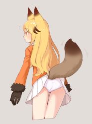 Rule 34 | 10s, 1girl, ^^^, animal ears, arms at sides, ass, blazer, blonde hair, brown gloves, brown hair, commentary, cowboy shot, cropped legs, expressionless, ezo red fox (kemono friends), fox ears, fox tail, from behind, from side, fur-trimmed sleeves, fur trim, gloves, grey background, inconvenient tail, jacket, kemono friends, long hair, long sleeves, looking away, motion lines, multicolored hair, no legwear, orange eyes, orange jacket, panties, pantyshot, profile, simple background, solo, standing, tail, tail wagging, tsurime, two-tone hair, underwear, white panties, yarerubabaa