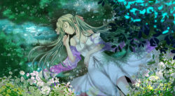 Rule 34 | 1girl, dress, closed eyes, flower, green hair, hatsune miku, highres, long hair, mariwai (marireroy), pantyhose, solo, song name, tears, twintails, vocaloid