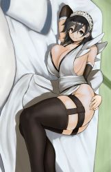 Rule 34 | 1girl, absurdres, anagumasan, bare shoulders, bed, bed sheet, black thighhighs, breast press, breasts, brown eyes, cleavage, closed mouth, commentary request, futon, hair ornament, hand on own ass, highres, indoors, iroha (samurai spirits), japanese clothes, large breasts, looking at viewer, lying, maid headdress, on side, pillow, samurai spirits, shadow, short hair, sideboob, simple background, sleeveless, smile, snk, solo, tatami, thighhighs, thighs