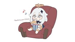 Rule 34 | 1girl, animated, blue eyes, bright pupils, chibi, commentary request, eating, english text, female focus, food, full body, genshin impact, grey hair, hair between eyes, hair ornament, halo, hand up, holding, holding food, long sleeves, medium hair, musical note, official art, on chair, paimon (genshin impact), romper, sitting, solo, tagme, twitter username, video, white footwear, white pupils, white romper