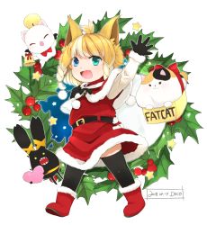 Rule 34 | 1girl, 2018, :d, ahoge, animal, aqua eyes, arm up, artist name, bell, belt, belt buckle, black belt, black gloves, black ribbon, black thighhighs, blonde hair, blue eyes, boots, braid, buckle, calico, capelet, cat, christmas, dated, dress, eyes visible through hair, fang, final fantasy, final fantasy xiv, full body, fur-trimmed boots, fur-trimmed capelet, fur-trimmed dress, fur-trimmed sleeves, fur trim, gloves, heterochromia, highres, holding, holding sack, lalafell, leaf, legs apart, long sleeves, looking at viewer, misora deco, mistletoe, moogle, multicolored hair, open mouth, outline, over shoulder, pointy ears, pom pom (clothes), red capelet, red dress, red footwear, ribbon, sack, santa boots, santa costume, santa dress, short hair, simple background, smile, snowman, spriggan (final fantasy), star (symbol), streaked hair, thighhighs, twin braids, two-tone hair, white background, white hair, white outline, zettai ryouiki
