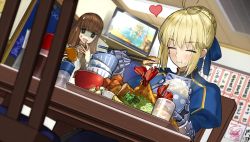 Rule 34 | 2girls, ^^^, ahoge, armor, armored dress, artoria pendragon (all), artoria pendragon (fate), black eyes, blonde hair, blue bow, blue dress, blue ribbon, blurry, blurry foreground, blush, bow, bowl, bowl stack, brown hair, ceiling light, chair, chicken nuggets, chopsticks, closed eyes, closed mouth, coin purse, dress, eating, fate/extella, fate/extra, fate (series), food, food on face, fried food, fruit, game cg, gauntlets, glass, hair bow, hair ribbon, happy, heart, highres, holding, holding bowl, holding chopsticks, kishinami hakuno (female), lemon, lemon slice, looking at another, multiple girls, nervous smile, non-web source, official art, photoshop (medium), restaurant, ribbon, rice, rice on face, room, saber (fate), salad, salt shaker, shrimp, shrimp tempura, sitting, smile, soy sauce, standing, sweat, table, television, tempura, wada arco, water, white dress