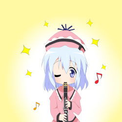 Rule 34 | 1girl, blue eyes, blue hair, chiro-minami, chiro (bocchiropafe), clarinet, female focus, hat, highres, hiiragi tsukasa, instrument, lucky star, matching hair/eyes, merlin prismriver, musical note, one eye closed, parody, short hair, solo, style parody, touhou, wink