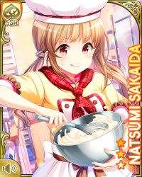 Rule 34 | 1girl, :p, apron, black skirt, breasts, brown hair, card (medium), chef, close-up, closed mouth, day, female focus, girlfriend (kari), indoors, kitchen, large breasts, long hair, mixing bowl, official art, plaid, plaid neckwear, qp:flapper, red eyes, sakaida natsumi, shirt, shoes, skirt, smile, socks, solo, standing, stirring, tagme, tongue, tongue out, whisk, yellow shirt