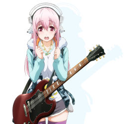 Rule 34 | 10s, 1girl, blush, breasts, electric guitar, guitar, headphones, highres, instrument, large breasts, long hair, looking at viewer, nitroplus, official art, open mouth, pink hair, purple thighhighs, raglan sleeves, red eyes, skindentation, skirt, smile, solo, soniani, super sonico, tamura masafumi, thighhighs