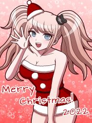 Rule 34 | 1girl, 2022, :d, alternate costume, bare arms, bare shoulders, bear hair ornament, breasts, cleavage, collarbone, cowboy shot, danganronpa: trigger happy havoc, danganronpa (series), dress, enoshima junko, green eyes, hair ornament, hand up, hat, highres, large breasts, merry christmas, multicolored background, nail polish, open mouth, red nails, santa dress, santa hat, smile, snowflakes, solo, suiren yurei, teeth, twintails, upper teeth only