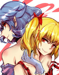 Rule 34 | 2girls, alternate costume, back, blonde hair, blue hair, bow, breasts, choker, cleavage, collarbone, artistic error, fang, fang out, flandre scarlet, gloves, hair bow, hand up, head tilt, highres, lips, looking at viewer, multiple girls, off shoulder, pointy ears, red eyes, remilia scarlet, short hair, siblings, side ponytail, sisters, small breasts, strap slip, sumire495, touhou, upper body, white gloves