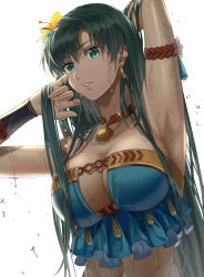Rule 34 | 1girl, alternate hairstyle, arm strap, armpits, bikini, blue bikini, breasts, brown choker, choker, cleavage, clothing cutout, collarbone, delsaber, earrings, female focus, fire emblem, fire emblem: the blazing blade, flower, frilled bikini, frills, green eyes, green hair, hair behind ear, hair down, hair flower, hair ornament, highres, jewelry, large breasts, long hair, looking at viewer, looking down, lyn (fire emblem), lyn (summer) (fire emblem), matching hair/eyes, navel, nintendo, official alternate costume, parted lips, solo, swimsuit, underboob, underboob cutout, upper body, very long hair, wet, white background, yellow flower