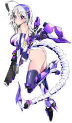 Rule 34 | 1girl, absurdres, ahoge, ass, blue pupils, blush, boots, breasts, from side, full body, grey hair, gun, hairband, high heel boots, high heels, highleg, highleg leotard, highres, holding, holding gun, holding weapon, large breasts, leotard, long hair, looking at viewer, looking to the side, miitoban, original, pink eyes, purple hairband, rifle, simple background, solo, tail, thighhighs, weapon, white background, white leotard