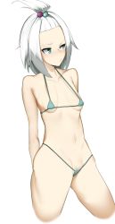 Rule 34 | 1girl, alternate costume, arms behind back, bangs pinned back, bikini, breasts, collarbone, commentary request, creatures (company), female pubic hair, game freak, green bikini, gym leader, hair bobbles, hair ornament, highres, long hair, looking to the side, micro bikini, navel, nintendo, o3o, pokemon, pokemon bw2, pubic hair, raised eyebrow, roxie (pokemon), simple background, small breasts, solo, swimsuit, topknot, white background, white hair, yuuyuu (yuuki1771)