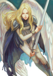 Rule 34 | 1girl, armor, blonde hair, bodysuit, claymore (series), feathered wings, grey eyes, highres, holding, holding sword, holding weapon, long hair, shoulder armor, shoulder pads, sword, teresa (claymore), wavy hair, weapon, wings, yixinhe