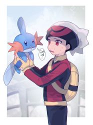 Rule 34 | 1boy, bag, beanie, black hair, black pants, brendan (pokemon), creatures (company), fingerless gloves, game freak, gen 3 pokemon, gloves, hands up, hat, highres, holding, holding pokemon, long sleeves, male focus, mudkip, nintendo, nose bubble, open mouth, oshi taberu, pants, pokemon, pokemon (creature), pokemon adventures, red eyes, speech bubble, sweat, tongue, yellow bag, yellow gloves