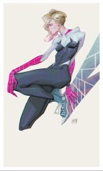 Rule 34 | 1girl, black bodysuit, blonde hair, blue eyes, blue footwear, bodysuit, border, breasts, closed mouth, gradient hair, grey background, gwen stacy, highres, hood, hooded bodysuit, looking to the side, marvel, medium hair, multicolored bodysuit, multicolored clothes, multicolored hair, pink bodysuit, pink hair, shoes, simple background, small breasts, sneakers, solo, spider-gwen, spider-man: across the spider-verse, spider-man (series), spider-verse, spider web print, superhero costume, twitter username, white bodysuit, white border, zjl baiqishi