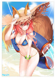 Rule 34 | 1girl, absurdres, animal ear fluff, animal ears, artist request, bikini, blue bikini, breasts, cleavage, collarbone, commentary, commentary request, cowboy shot, day, ears through headwear, fate/grand order, fate (series), fox ears, fox girl, fox tail, hat, highres, innertube, large breasts, ocean, outdoors, pink hair, side-tie bikini bottom, solo, straw hat, swim ring, swimsuit, tail, tamamo (fate), tamamo no mae (fate/extra), tamamo no mae (swimsuit lancer) (fate), wet, wet clothes, yellow eyes