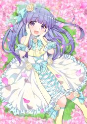 Rule 34 | 1girl, absurdres, bare shoulders, blue bow, blue hair, blue ribbon, blunt bangs, blush, bow, bridal veil, bride, buttons, commission, cross-laced clothes, cross-laced dress, day, dress, elbow gloves, flat chest, flower, frilled dress, frilled gloves, frills, furude rika, gloves, grass, hair flower, hair ornament, hair over shoulder, hands on own cheeks, hands on own face, happy, highres, higurashi no naku koro ni, higurashi no naku koro ni mei, hime cut, kneehighs, long hair, looking at viewer, lying, official alternate costume, on back, open mouth, outdoors, petals, pink petals, purple eyes, ribbon, rose, skeb commission, sleeveless, sleeveless dress, smile, socks, solo, sweet miuk tea, tareme, twitter username, veil, wavy mouth, wedding dress, white dress, yellow flower, yellow rose