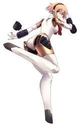 Rule 34 | 1girl, aegis (persona), blonde hair, bob cut, gloves, green eyes, highres, joints, looking at viewer, looking back, persona, persona 3, persona 3 portable, rdc7229, robot, robot joints, simple background, skirt, solo, thighhighs, white background