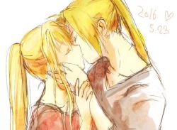 Rule 34 | 1boy, 1girl, 2016, blonde hair, closed eyes, couple, earrings, edward elric, fullmetal alchemist, grey shirt, hands on another&#039;s face, hands on another&#039;s wrists, heart, hetero, jewelry, kiss, long hair, pink shirt, ponytail, shirt, simple background, speech bubble, tsukuda0310, white background, winry rockbell