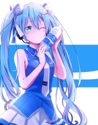 Rule 34 | 1girl, ;), bare arms, blue eyes, blue hair, blue shirt, blue theme, bottle, closed mouth, collared shirt, hair between eyes, hair ribbon, hatsune miku, highres, holding, holding bottle, long hair, miniskirt, necktie, oekakimmy, one eye closed, pleated skirt, ribbon, shirt, skirt, sleeveless, sleeveless shirt, smile, solo, standing, twintails, very long hair, vocaloid, water bottle, white necktie, white ribbon, white skirt, wing collar