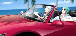 Rule 34 | 2boys, alternate costume, blurry, car, closed eyes, closed mouth, cloud, collared shirt, commentary request, creatures (company), day, driving, game freak, green hair, grey hair, highres, holding, jewelry, male focus, motor vehicle, multiple boys, necklace, nintendo, official alternate costume, outdoors, palm tree, pokemon, pokemon masters ex, pokemon rse, popped collar, shirt, short hair, short sleeves, sky, sleeves rolled up, smile, steven stone, steven stone (summer 2020), sunglasses, tree, wallace (pokemon), water, white shirt, y (036 yng)