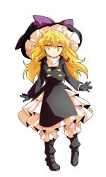 Rule 34 | 1girl, alphes (style), black dress, black footwear, black gloves, black hat, blonde hair, boots, bow, braid, buttons, closed mouth, commentary request, dairi, double-breasted, dress, forbidden scrollery, full body, gloves, hair bow, hat, hat bow, highres, kirisame marisa, layered skirt, long hair, long sleeves, looking at viewer, parody, purple bow, side braid, single braid, skirt, smile, solo, style parody, tachi-e, touhou, transparent background, turtleneck, witch hat, yellow eyes